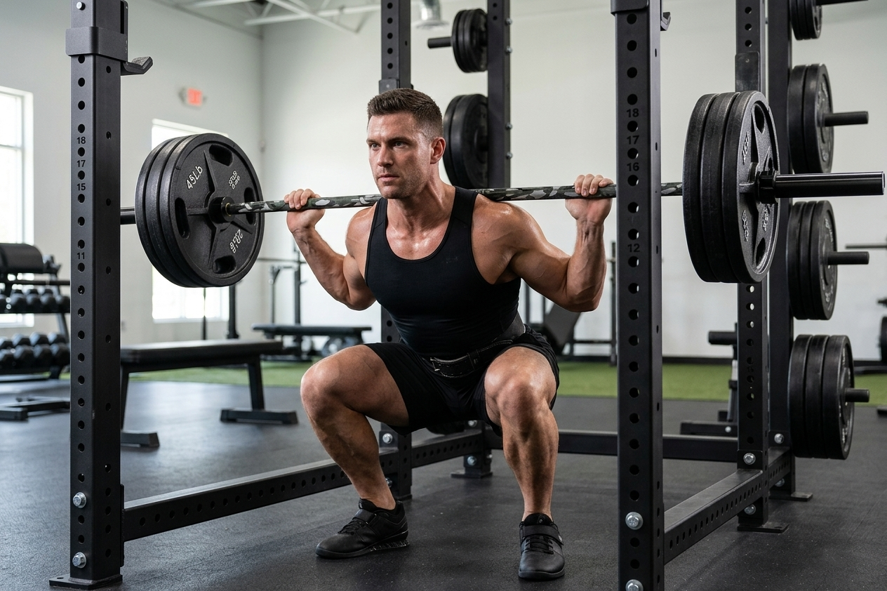 A muscular man in a black tank top and shorts performing a barbell squat inside a black power rack in a gym.