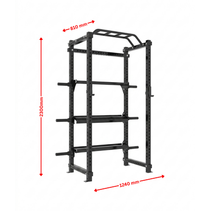 Black metal rack with dimensions indicated by red arrows on a white background