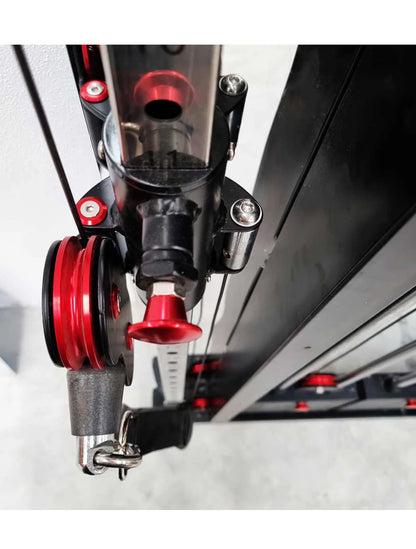 Close-up of a bicycle suspension fork with red and black components.