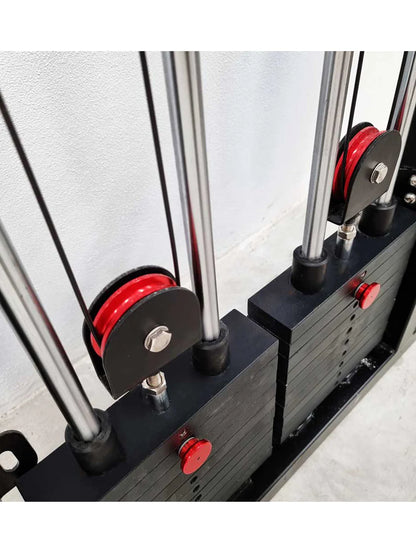 Gym equipment with pulleys and weights on a light background