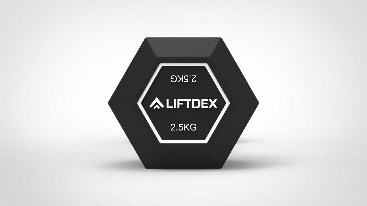Liftdex rubber hex dumbbells set in various weights including 2.5kg, 5kg, 7.5kg, and 10kg. Front image