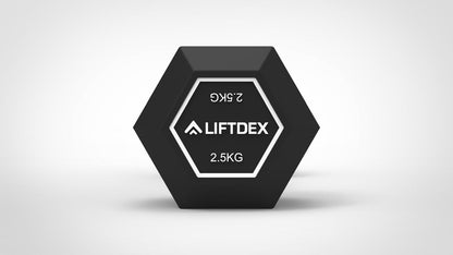 Liftdex rubber hex dumbbells set in various weights including 2.5kg, 5kg, 7.5kg, and 10kg. Front image