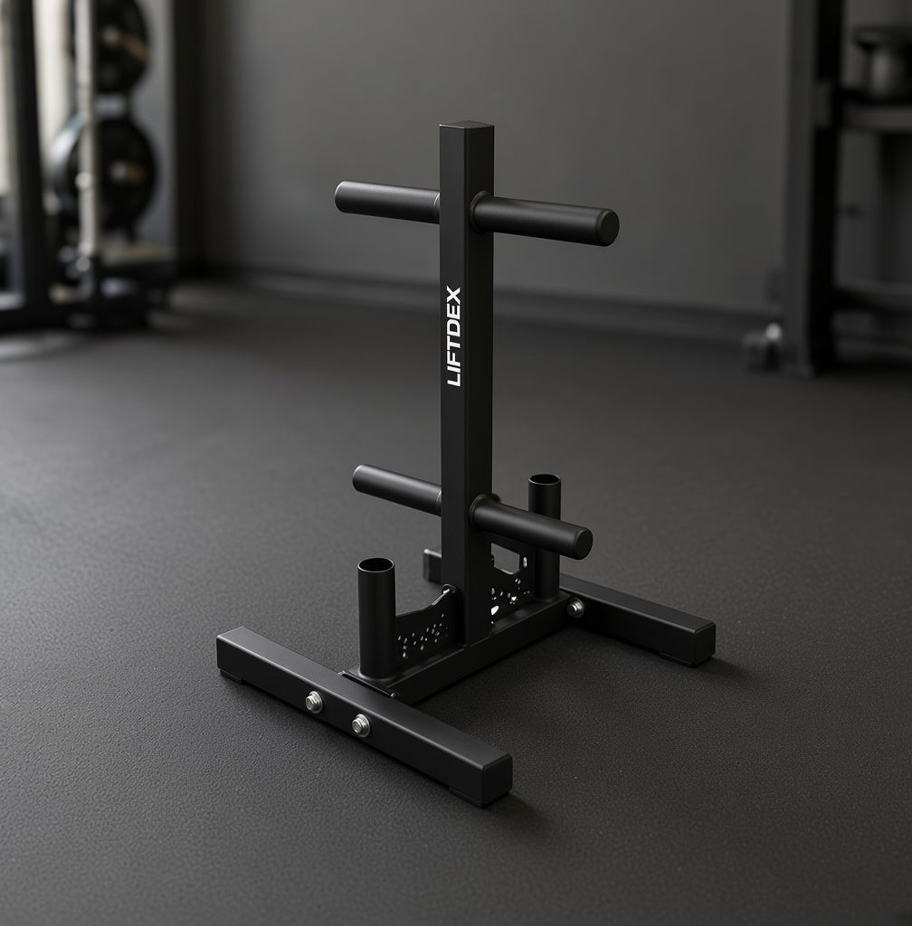A black metal weight rack stand with the brand name 'LIFT-DEX' printed vertically on the center post, set on a dark gym floor.
