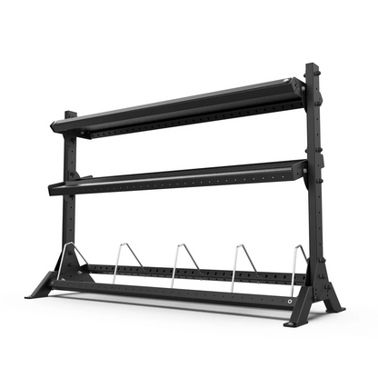 Black metal rack with multiple shelves on a white background