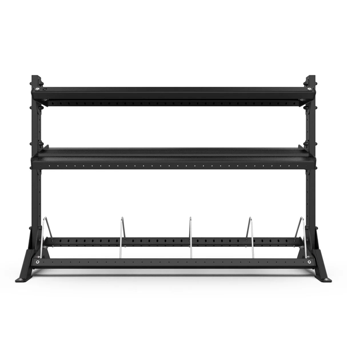 Black metal shelf unit with multiple shelves on a white background