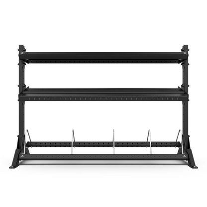 Black metal shelf unit with multiple shelves on a white background
