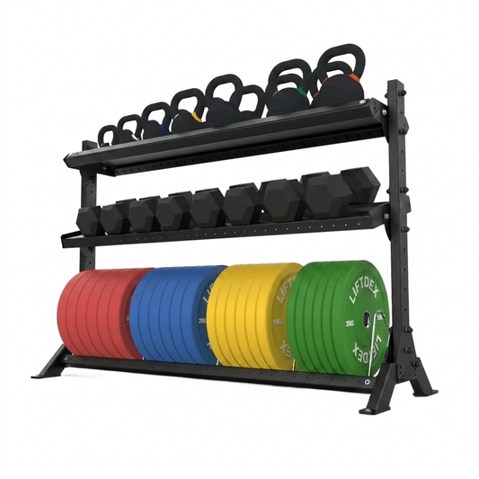 Weight storage rack with kettlebells, dumbbells, and weight plates on a white background