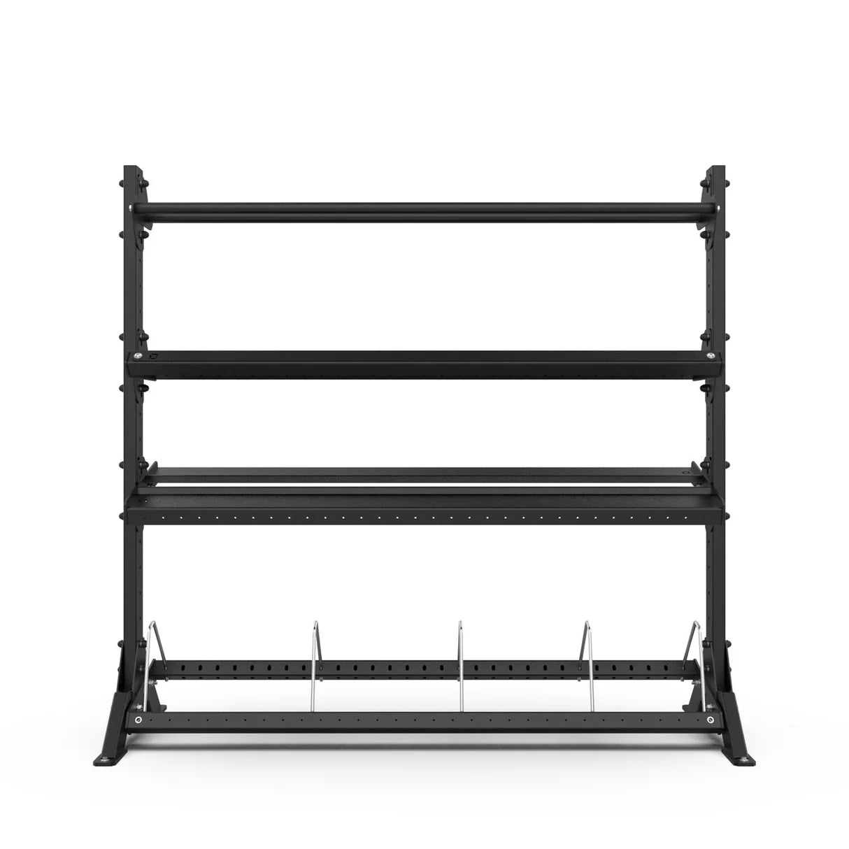 Black metal shelf rack on a white background