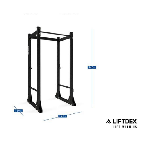 Black Liftdex Hulk Power Rack power cage showing safety bars, pull-up bar, and wide stable footprint for squats, overhead press, and strength training