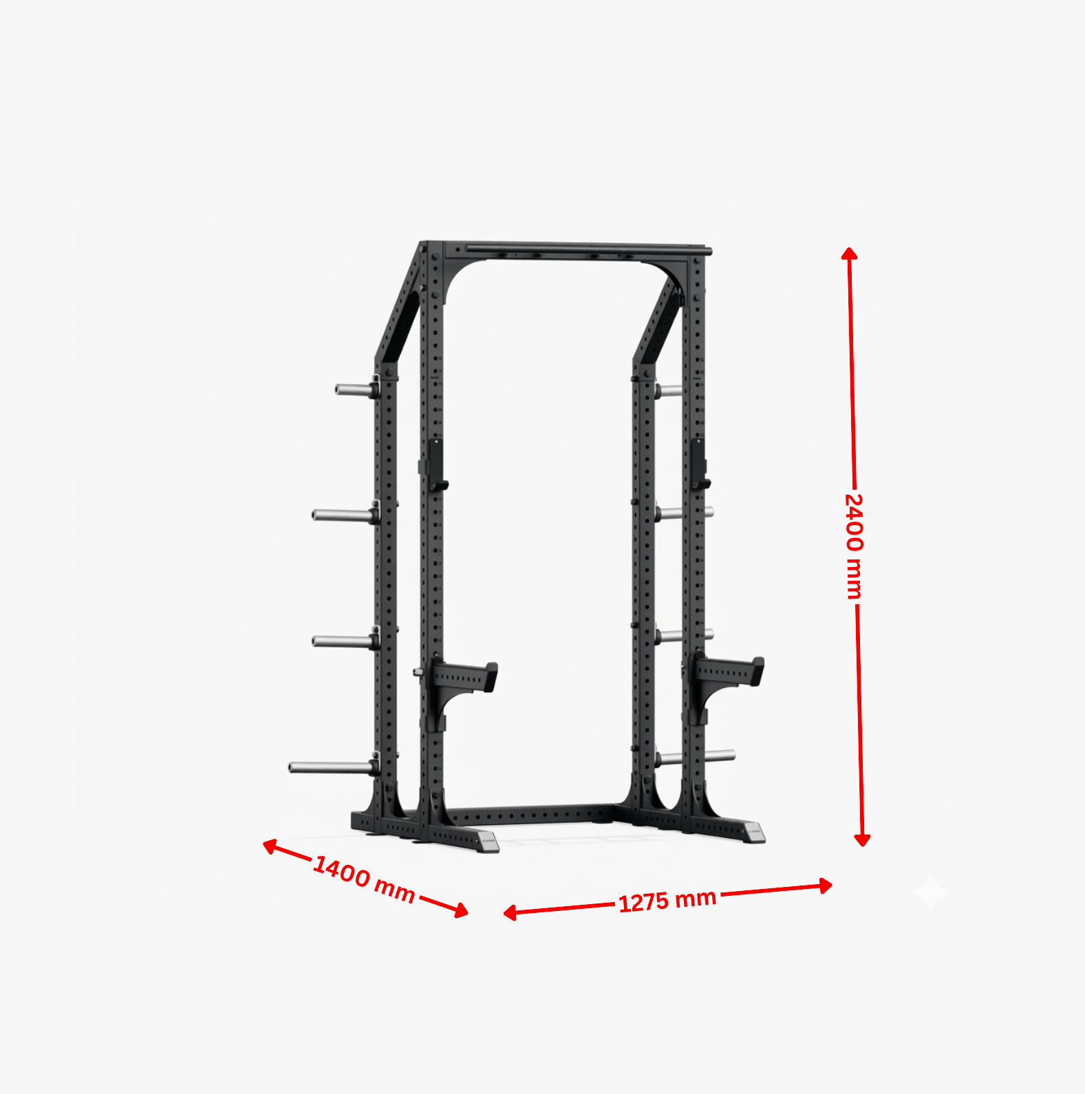 Black power rack with dimensions marked on a white background