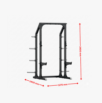 Black power rack with dimensions marked on a white background