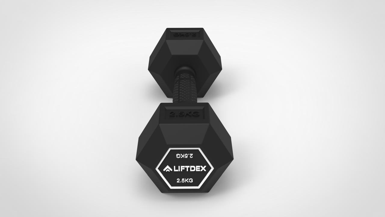 Liftdex rubber hex dumbbells set in various weights including 2.5kg, 5kg, 7.5kg, and 10kg. 2.5 kg with forwared facing