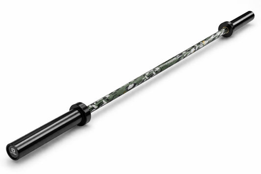 Barbell with black ends and a camouflage pattern on the shaft against a white background