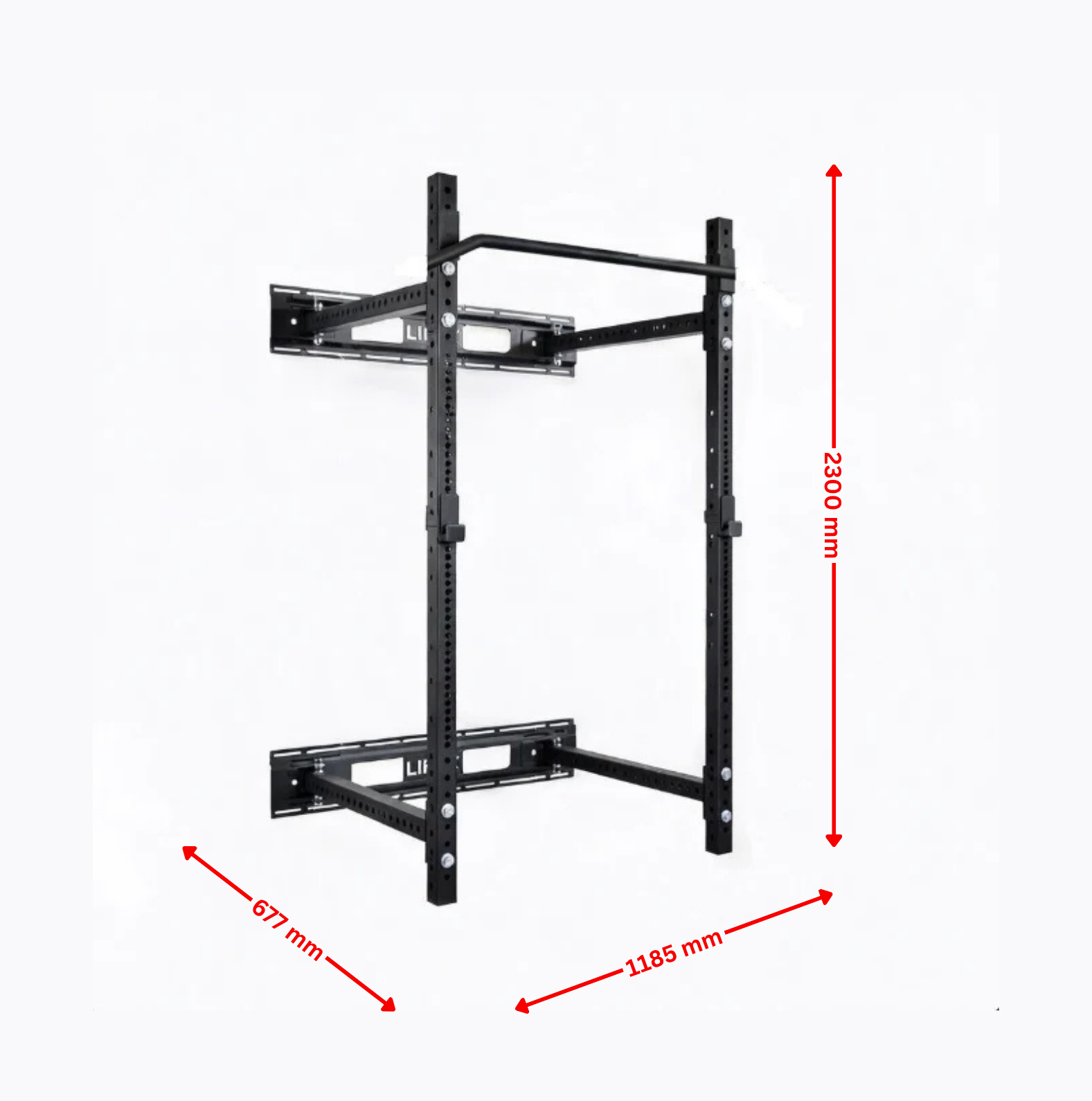 Black wall mount with dimensions indicated by red arrows on a white background