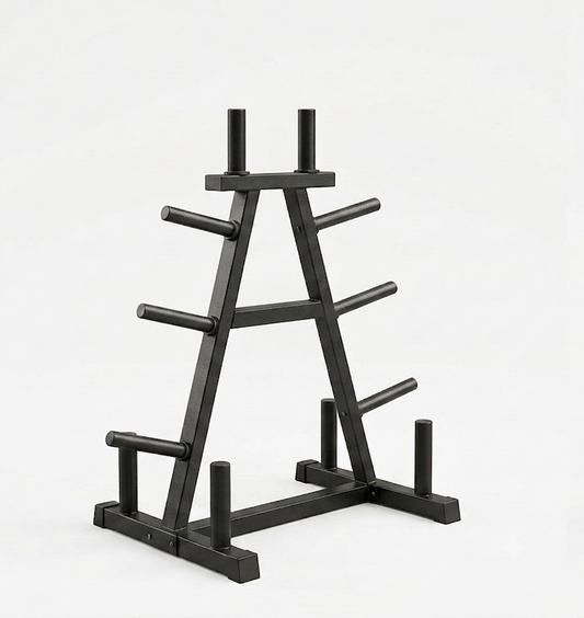 A black metal A-frame weight rack with multiple horizontal pegs and vertical support posts, photographed on a clean white studio background.