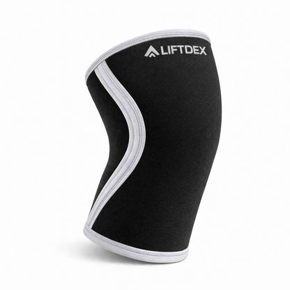 Black knee sleeve with white accents and Liftdex branding on a white background