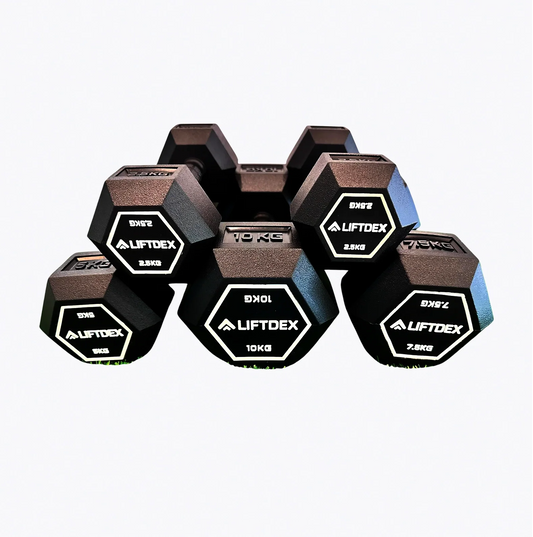 Liftdex rubber hex dumbbells set in various weights including 2.5kg, 5kg, 7.5kg, and 10kg.