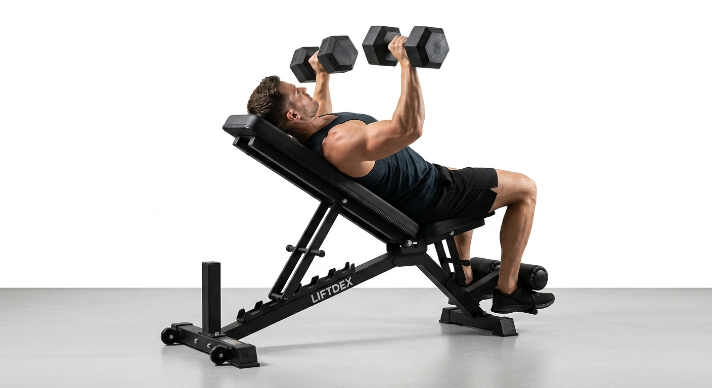 A man performing a chest press on an incline weight bench, holding two hex dumbbells. The bench is branded with 'LIFTDEX' on the side.