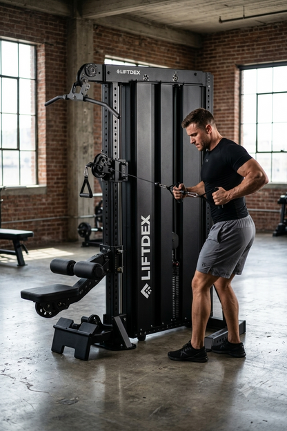 A man in a black t-shirt and gray shorts exercises a large black LIFTDEX cable machine inside a rustic brick gym with high windows.