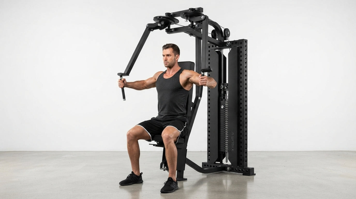 A man in a black tank top and shorts is using a black multi-functional home gym cable machine against a plain white studio background.