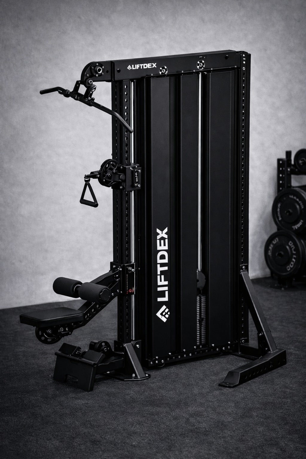 Gym equipment with 'Liftdex' branding on a gray background