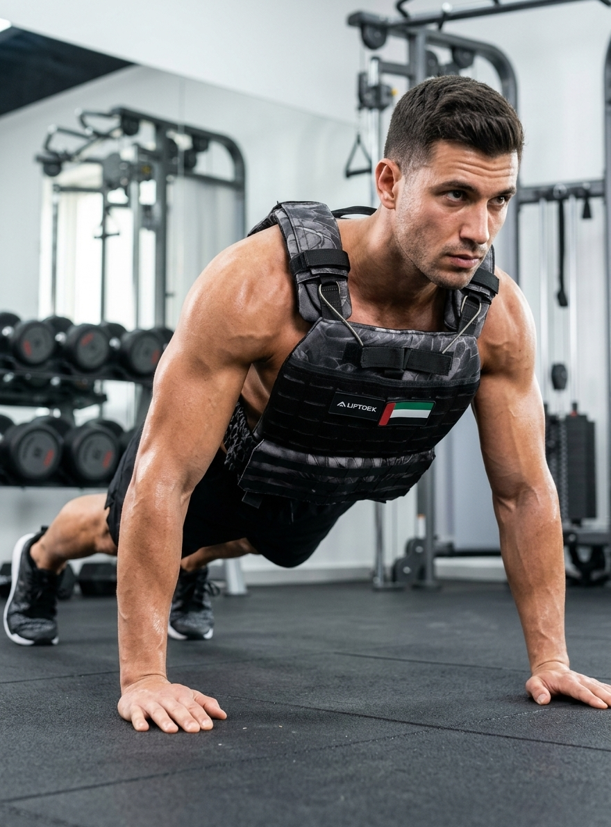 A muscular man in a gym performing a push-up while wearing a black ALFICON tactical weight plate vest with a small Italian flag patch on the chest.