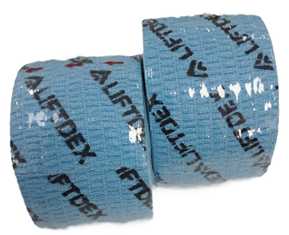 Two rolls of blue tape with 'A Lift Dex' branding on a white background