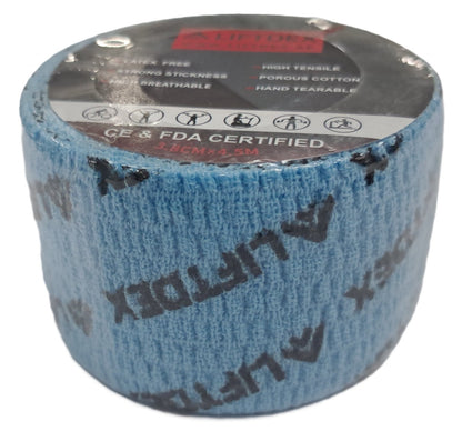 Roll of blue tape with visible branding on a white background