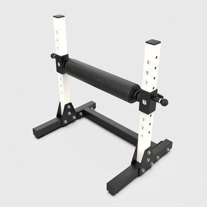 Black and white adjustable weight stand on a light gray background