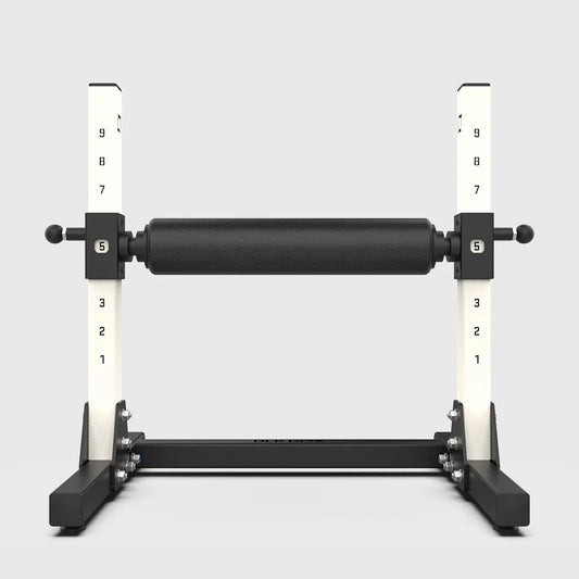 Black and white metal stand with roller on a light gray background