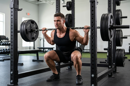 A muscular man in a black tank top and shorts performing a barbell squat inside a black power rack in a gym.