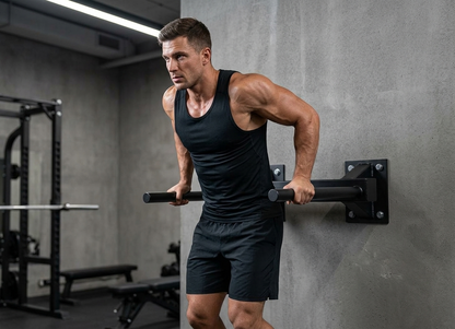 A muscular man in a black tank top and black athletic shorts performs a wall push-up on a black wall-mounted barbell rack inside a modern gym with gray concrete walls.