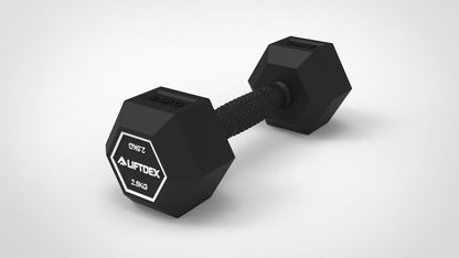 Liftdex rubber hex dumbbells set in various weights including 2.5kg, 5kg, 7.5kg, and 10kg. This is 2.5kg