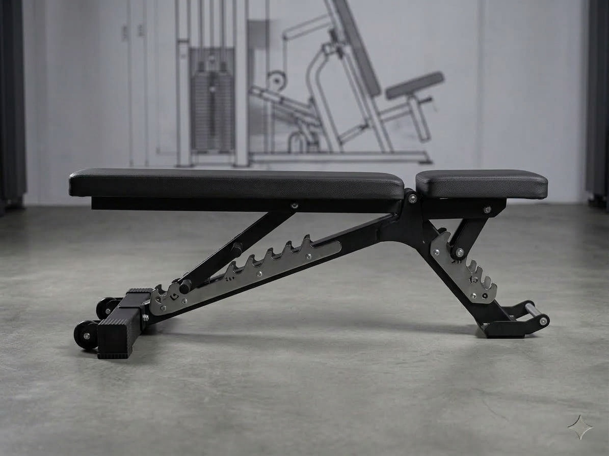 A black adjustable weight bench with a padded seat and backrest, shown in a gym setting with a concrete floor and a large instructional wall graphic in the background.