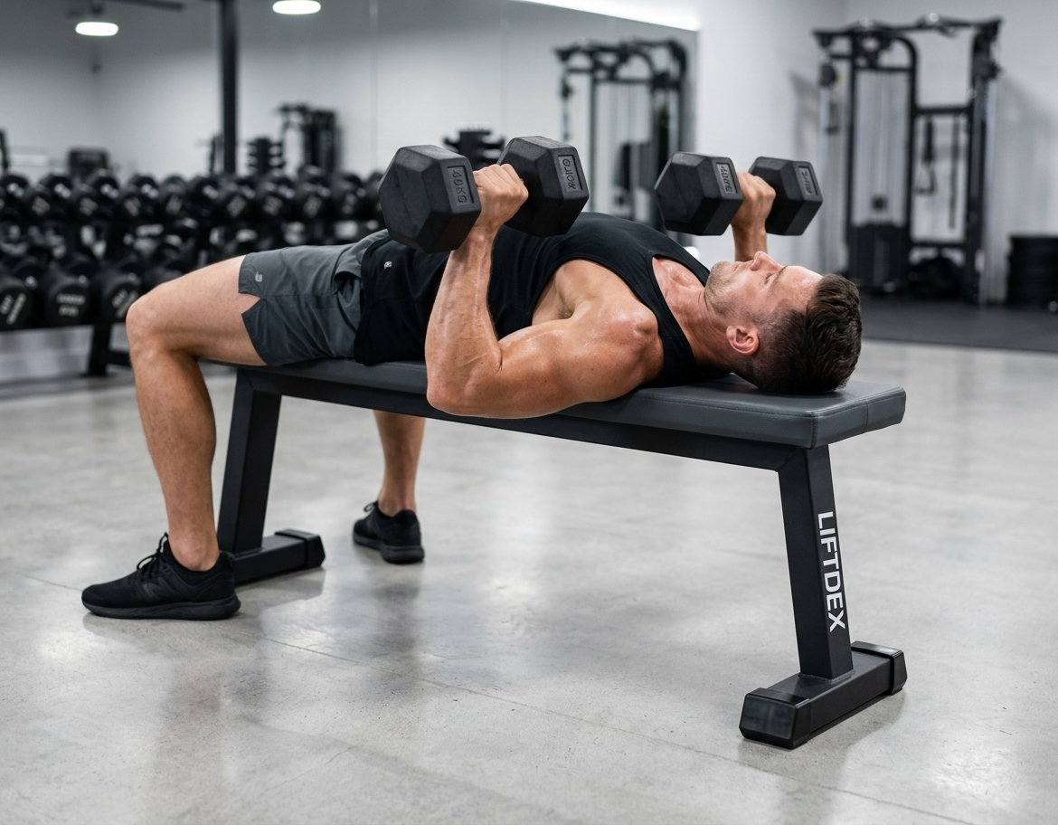 A man lying on a black LIFTDEX weight bench in a gym, holding black hex dumbbells overhead. The gym has gray flooring and other exercise equipment in the background.