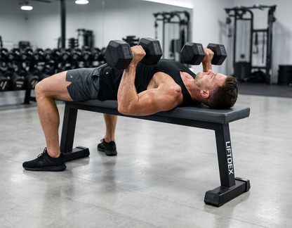A man lying on a black LIFTDEX weight bench in a gym, holding black hex dumbbells overhead. The gym has gray flooring and other exercise equipment in the background.