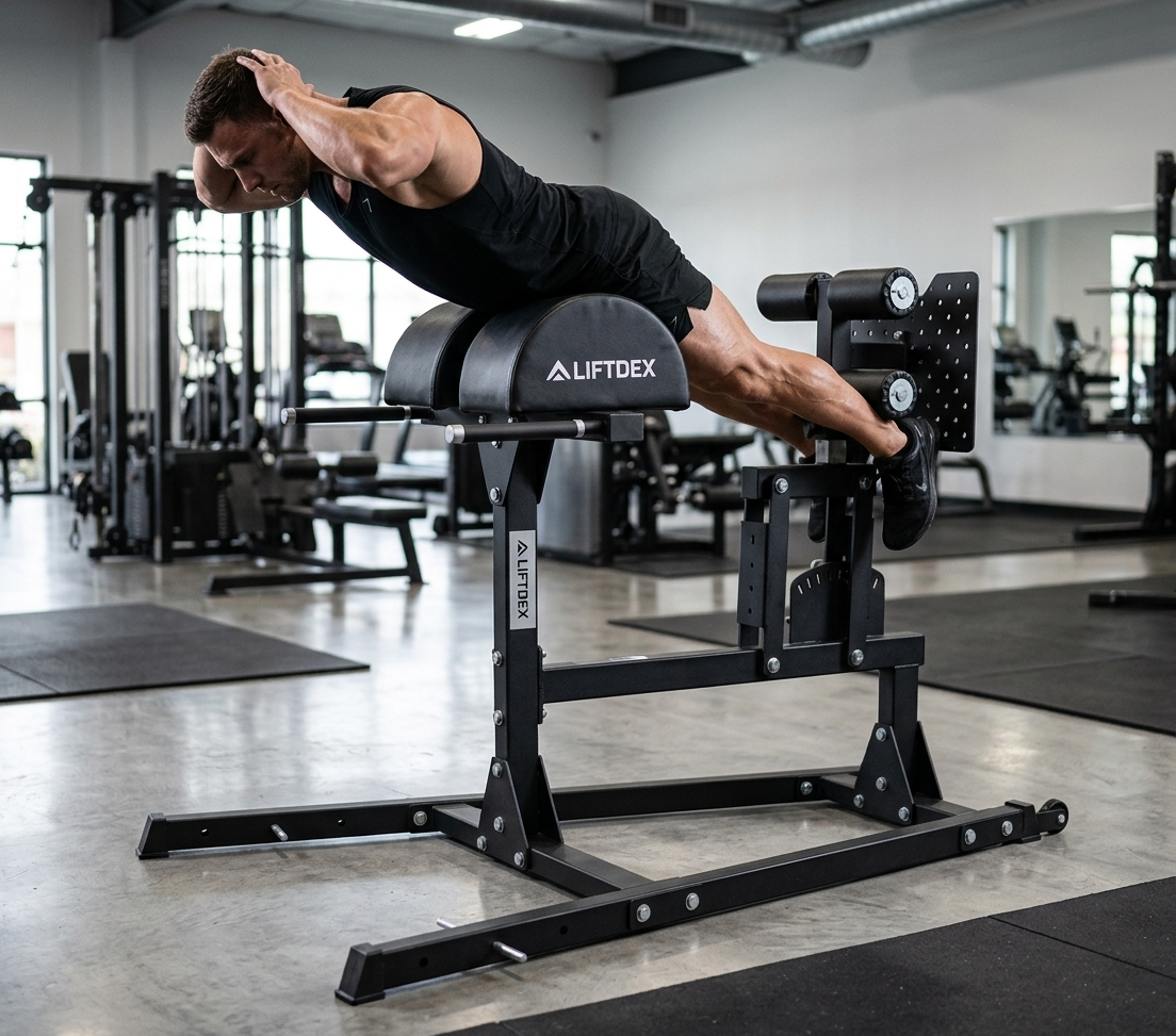 A man in a black tank top and shorts performs a hyperextension over a LIFTDEX leg curl gym machine inside a modern, well-lit gym.