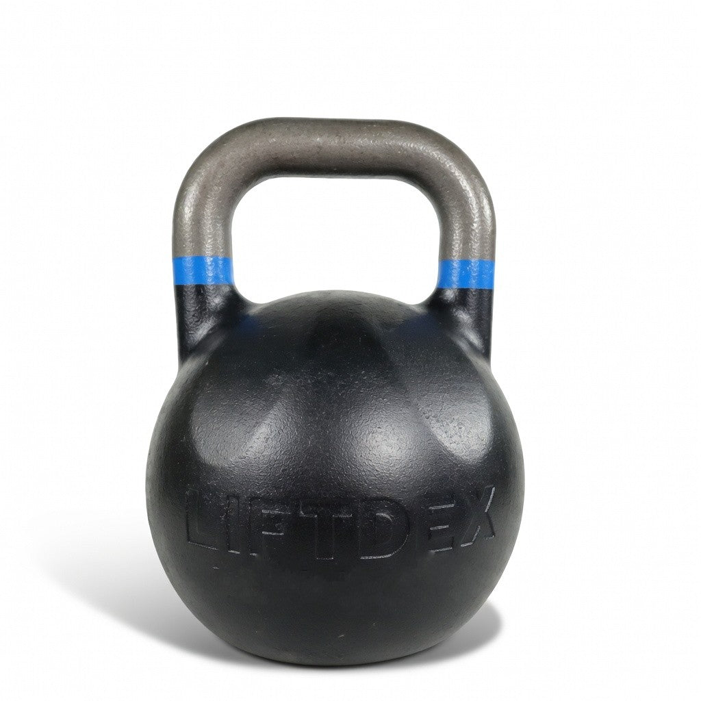 Black kettlebell with blue bands on a white background, featuring the Liftidex brand.