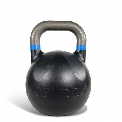 Black kettlebell with blue bands on a white background, featuring the Liftidex brand.