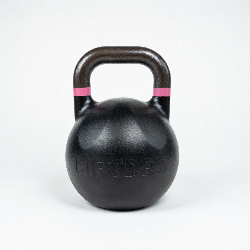 Black kettlebell with pink accents on a white background