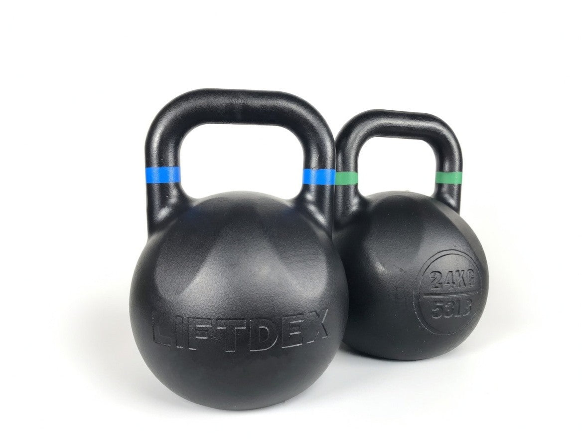 Two black kettlebells with 'LIFTDEX' branding on a white background