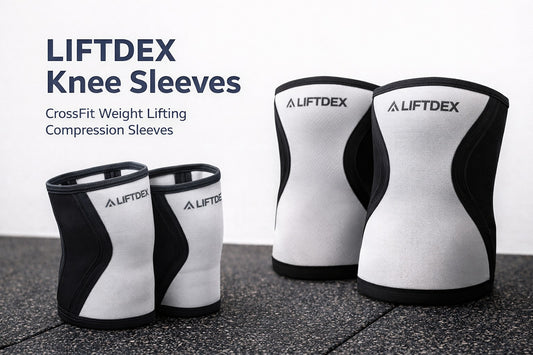 Liftdex knee sleeves on a gray surface with a white background