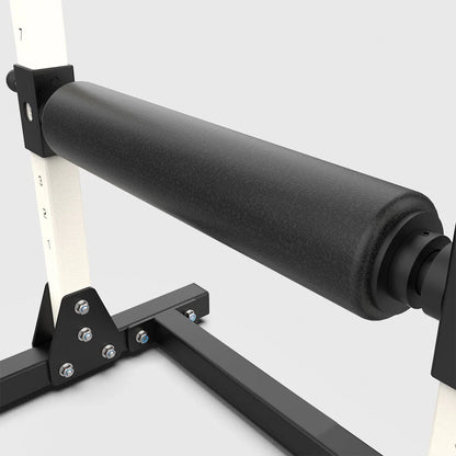 Black exercise bench with a white background