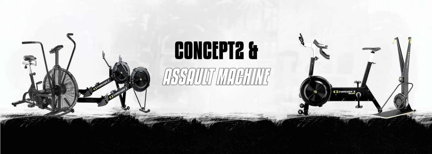 Black and white illustration of Concept2 Assault Machines with brand names displayed.