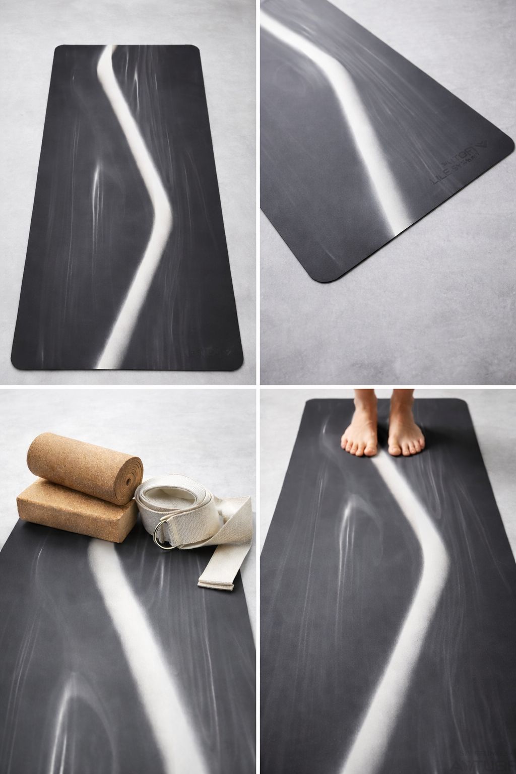 Yoga mat with marble-like pattern on a gray surface, surrounded by yoga accessories.